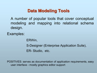 Data Modeling Tools
A number of popular tools that cover conceptual
modeling and mapping into relational schema
design.
Examples:
ERWin,
S-Designer (Enterprise Application Suite),
ER- Studio, etc.
POSITIVES: serves as documentation of application requirements, easy
user interface - mostly graphics editor support
 