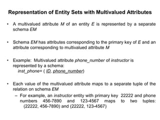 Representation of Entity Sets with Multivalued Attributes
• A multivalued attribute M of an entity E is represented by a separate
schema EM
• Schema EM has attributes corresponding to the primary key of E and an
attribute corresponding to multivalued attribute M
• Example: Multivalued attribute phone_number of instructor is
represented by a schema:
inst_phone= ( ID, phone_number)
• Each value of the multivalued attribute maps to a separate tuple of the
relation on schema EM
– For example, an instructor entity with primary key 22222 and phone
numbers 456-7890 and 123-4567 maps to two tuples:
(22222, 456-7890) and (22222, 123-4567)
 