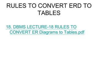 RULES TO CONVERT ERD TO
TABLES
18. DBMS LECTURE-18 RULES TO
CONVERT ER Diagrams to Tables.pdf
 