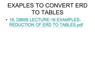 EXAPLES TO CONVERT ERD
TO TABLES
• 18. DBMS LECTURE-18 EXAMPLES-
REDUCTION OF ERD TO TABLES.pdf
 