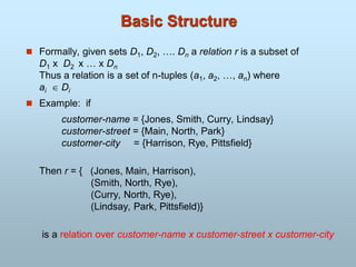 Basic Structure
 Formally, given sets D1, D2, …. Dn a relation r is a subset of
D1 x D2 x … x Dn
Thus a relation is a set of n-tuples (a1, a2, …, an) where
ai  Di
 Example: if
customer-name = {Jones, Smith, Curry, Lindsay}
customer-street = {Main, North, Park}
customer-city = {Harrison, Rye, Pittsfield}
Then r = { (Jones, Main, Harrison),
(Smith, North, Rye),
(Curry, North, Rye),
(Lindsay, Park, Pittsfield)}
is a relation over customer-name x customer-street x customer-city
 