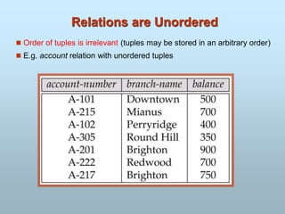 Relations are Unordered
 Order of tuples is irrelevant (tuples may be stored in an arbitrary order)
 E.g. account relation with unordered tuples
 
