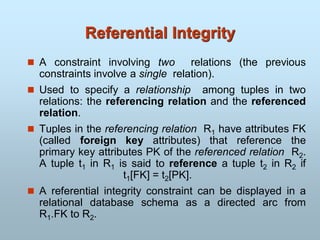 Referential Integrity
 A constraint involving two relations (the previous
constraints involve a single relation).
 Used to specify a relationship among tuples in two
relations: the referencing relation and the referenced
relation.
 Tuples in the referencing relation R1 have attributes FK
(called foreign key attributes) that reference the
primary key attributes PK of the referenced relation R2.
A tuple t1 in R1 is said to reference a tuple t2 in R2 if
t1[FK] = t2[PK].
 A referential integrity constraint can be displayed in a
relational database schema as a directed arc from
R1.FK to R2.
 