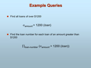 Example Queries
 Find all loans of over $1200
amount > 1200 (loan)
 Find the loan number for each loan of an amount greater than
$1200
loan-number (amount > 1200 (loan))
 