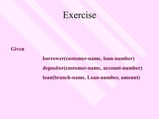 Exercise
Given
borrower(customer-name, loan-number)
depositor(customer-name, account-number)
loan(branch-name, Loan-number, amount)
 