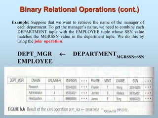 Binary Relational Operations (cont.)
Example: Suppose that we want to retrieve the name of the manager of
each department. To get the manager’s name, we need to combine each
DEPARTMENT tuple with the EMPLOYEE tuple whose SSN value
matches the MGRSSN value in the department tuple. We do this by
using the join operation.
DEPT_MGR  DEPARTMENTMGRSSN=SSN
EMPLOYEE
 