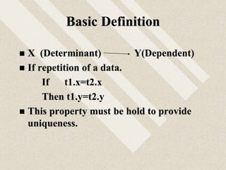Basic Definition
 X (Determinant) Y(Dependent)
 If repetition of a data.
If t1.x=t2.x
Then t1.y=t2.y
 This property must be hold to provide
uniqueness.
 