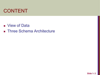 Slide 1- 2
CONTENT
 View of Data
 Three Schema Architecture
 