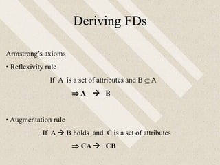Armstrong’s axioms
• Reflexivity rule
If A is a set of attributes and B  A
 A  B
• Augmentation rule
If A  B holds and C is a set of attributes
 CA  CB
Deriving FDs
 