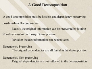 A Good Decomposition
Lossless-Join Decomposition
Exactly the original information can be recovered by joining
Non-Lossless-Join or Lossy Decomposition
Partial or inexact information can be recovered
A good decomposition must be lossless and dependency preserving
Dependency Preserving
The original dependencies are all found in the decomposition
Dependency Non-preserving
Original dependencies are not reflected in the decomposition
 