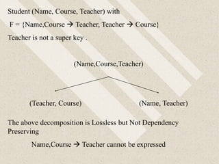 Student (Name, Course, Teacher) with
F = {Name,Course  Teacher, Teacher  Course}
Teacher is not a super key .
(Name,Course,Teacher)
(Teacher, Course) (Name, Teacher)
The above decomposition is Lossless but Not Dependency
Preserving
Name,Course  Teacher cannot be expressed
 