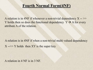 Fourth Normal Form(4NF)
A relation is in 4NF if when a non-trivial multi valued dependency
X -->> Y holds then XY is the super key
A relation in 4 NF is in 3 NF.
A relation is in 4NF if whenever a non-trivial dependency X -- >>
Y holds then so does the functional dependency Y  A for every
attribute A of the relation.
 