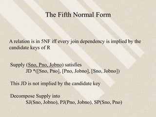 The Fifth Normal Form
A relation is in 5NF iff every join dependency is implied by the
candidate keys of R
Supply (Sno, Pno, Jobno) satisfies
JD *([Sno, Pno], [Pno, Jobno], [Sno, Jobno])
This JD is not implied by the candidate key
Decompose Supply into
SJ(Sno, Jobno), PJ(Pno, Jobno), SP(Sno, Pno)
 