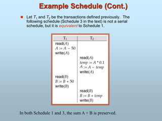 Example Schedule (Cont.)
 Let T1 and T2 be the transactions defined previously. The
following schedule (Schedule 3 in the text) is not a serial
schedule, but it is equivalent to Schedule 1.
In both Schedule 1 and 3, the sum A + B is preserved.
 