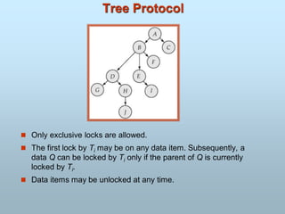 Tree Protocol
 Only exclusive locks are allowed.
 The first lock by Ti may be on any data item. Subsequently, a
data Q can be locked by Ti only if the parent of Q is currently
locked by Ti.
 Data items may be unlocked at any time.
 