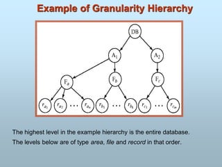 Example of Granularity Hierarchy
The highest level in the example hierarchy is the entire database.
The levels below are of type area, file and record in that order.
 