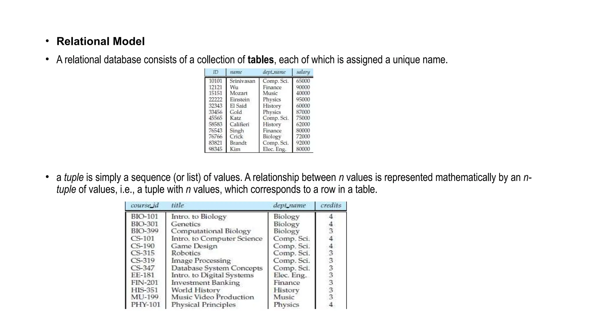 • Relational Model
• A relational database consists of a collection of tables, each of which is assigned a unique name.
• a tuple is simply a sequence (or list) of values. A relationship between n values is represented mathematically by an n-
tuple of values, i.e., a tuple with n values, which corresponds to a row in a table.
 