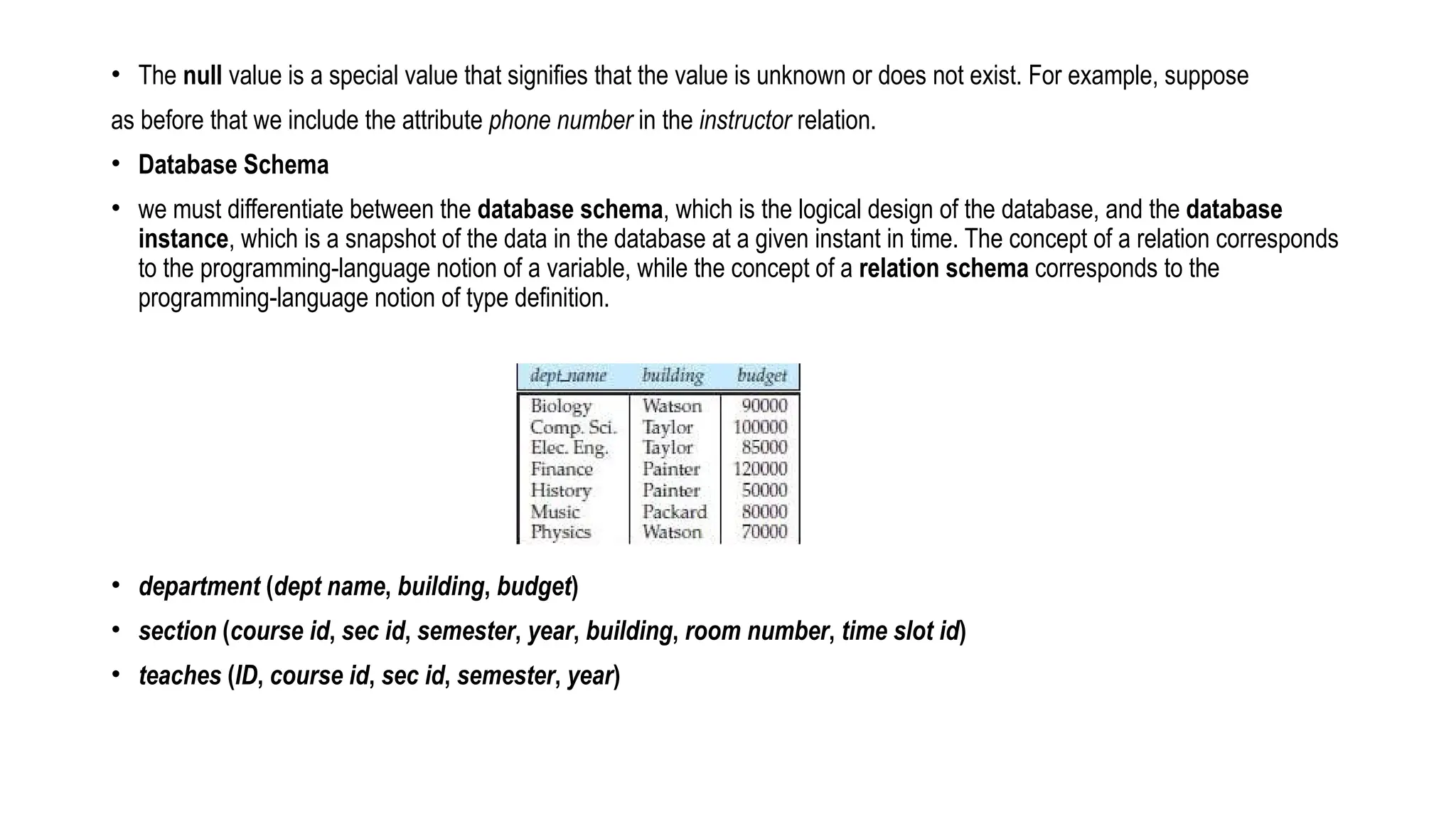 • The null value is a special value that signifies that the value is unknown or does not exist. For example, suppose
as before that we include the attribute phone number in the instructor relation.
• Database Schema
• we must differentiate between the database schema, which is the logical design of the database, and the database
instance, which is a snapshot of the data in the database at a given instant in time. The concept of a relation corresponds
to the programming-language notion of a variable, while the concept of a relation schema corresponds to the
programming-language notion of type definition.
• department (dept name, building, budget)
• section (course id, sec id, semester, year, building, room number, time slot id)
• teaches (ID, course id, sec id, semester, year)
 