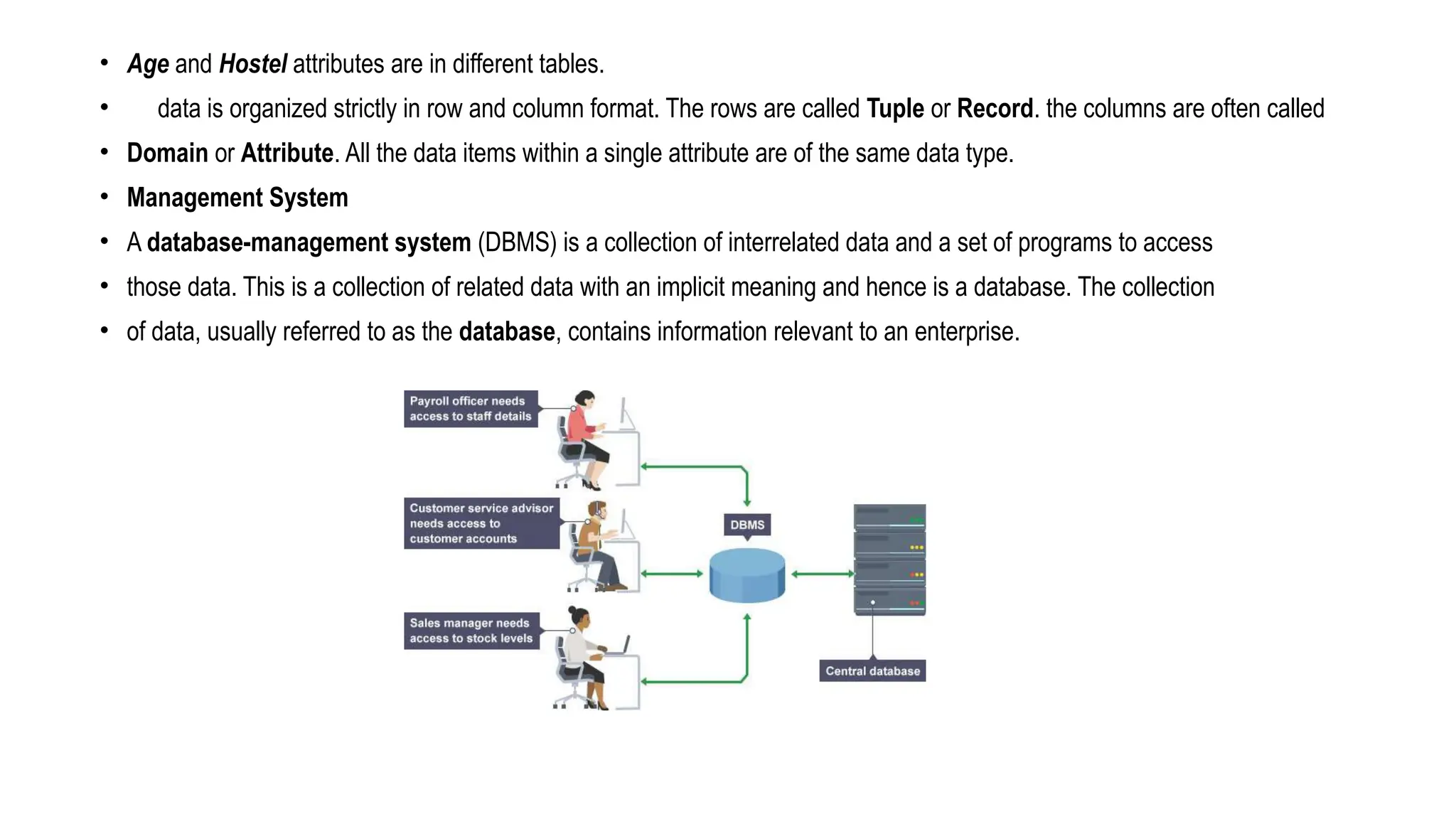 • Age and Hostel attributes are in different tables.
• data is organized strictly in row and column format. The rows are called Tuple or Record. the columns are often called
• Domain or Attribute. All the data items within a single attribute are of the same data type.
• Management System
• A database-management system (DBMS) is a collection of interrelated data and a set of programs to access
• those data. This is a collection of related data with an implicit meaning and hence is a database. The collection
• of data, usually referred to as the database, contains information relevant to an enterprise.
 