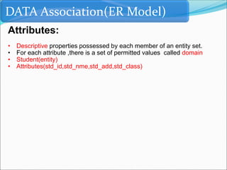 DATA Association(ER Model)
Attributes:
• Descriptive properties possessed by each member of an entity set.
• For each attribute ,there is a set of permitted values called domain
• Student(entity)
• Attributes(std_id,std_nme,std_add,std_class)
 