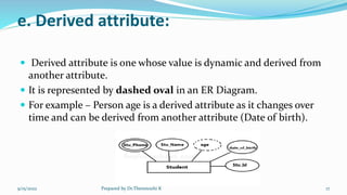 e. Derived attribute:
 Derived attribute is one whose value is dynamic and derived from
another attribute.
 It is represented by dashed oval in an ER Diagram.
 For example – Person age is a derived attribute as it changes over
time and can be derived from another attribute (Date of birth).
9/15/2022 Prepared by Dr.Thenmozhi K 17
 