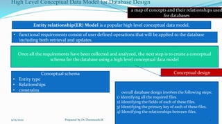 High Level Conceptual Data Model for Database Design
a map of concepts and their relationships used
for databases
Entity relationship(ER) Model is a popular high level conceptual data model.
• functional requirements consist of user defined operations that will be applied to the database
including both retrieval and updates.
Once all the requirements have been collected and analyzed, the next step is to create a conceptual
schema for the database using a high level conceptual data model
Conceptual design
Conceptual schema
• Entity type
• Relationships
• constrains overall database design involves the following steps:
1) Identifying all the required files.
2) Identifying the fields of each of these files.
3) Identifying the primary key of each of these files.
4) Identifying the relationships between files.
9/15/2022 Prepared by Dr.Thenmozhi K 4
 