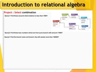 Introduction to relational algebra
Project : Select combination
Query1: Find those account where balance is less than 1000?
Query2: Find those loan numbers which are from pune branch with amount >1000?
Query3: Find the branch name and branch city with assets more than 100000?
 