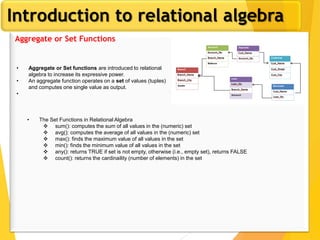 Introduction to relational algebra
Aggregate or Set Functions
• Aggregate or Set functions are introduced to relational
algebra to increase its expressive power.
• An aggregate function operates on a set of values (tuples)
and computes one single value as output.
•
• The Set Functions in Relational Algebra
 sum(): computes the sum of all values in the (numeric) set
 avg(): computes the average of all values in the (numeric) set
 max(): finds the maximum value of all values in the set
 min(): finds the minimum value of all values in the set
 any(): returns TRUE if set is not empty, otherwise (i.e., empty set), returns FALSE
 count(): returns the cardinaility (number of elements) in the set
 