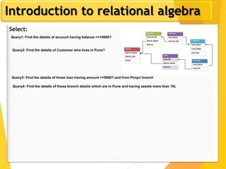 Introduction to relational algebra
Select:
Query1: Find the details of account having balance >=10000?
Query2: Find the details of Customer who lives in Pune?
Query3: Find the details of those loan having amount <=5000? and from Pimpri branch
Query4: Find the details of those branch details which are in Pune and having assets more than 10L
 