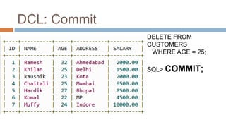DCL: Commit
DELETE FROM
CUSTOMERS
WHERE AGE = 25;
SQL> COMMIT;
 