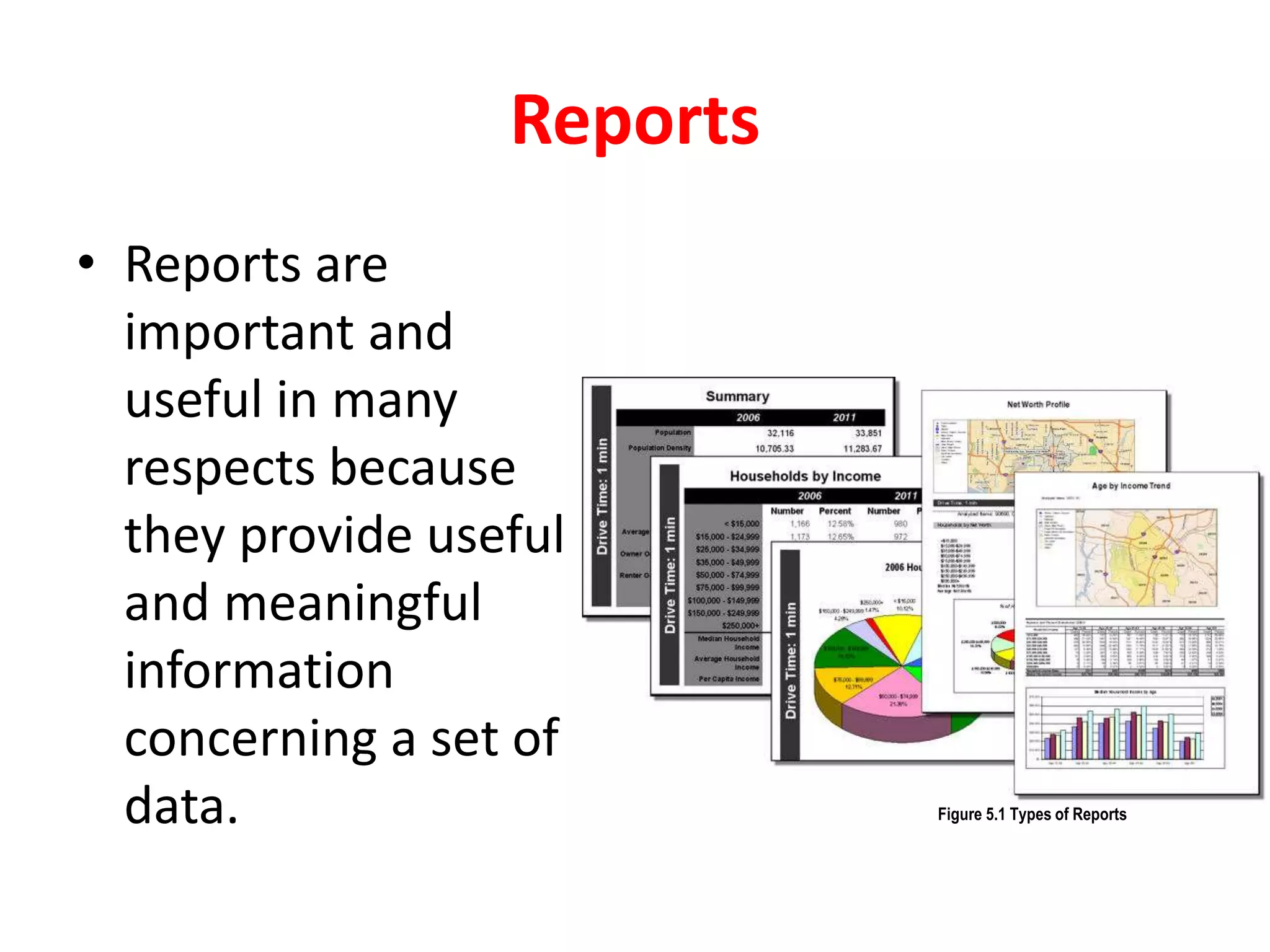 Reports
• Reports are
important and
useful in many
respects because
they provide useful
and meaningful
information
concerning a set of
data. Figure 5.1 Types of Reports
 