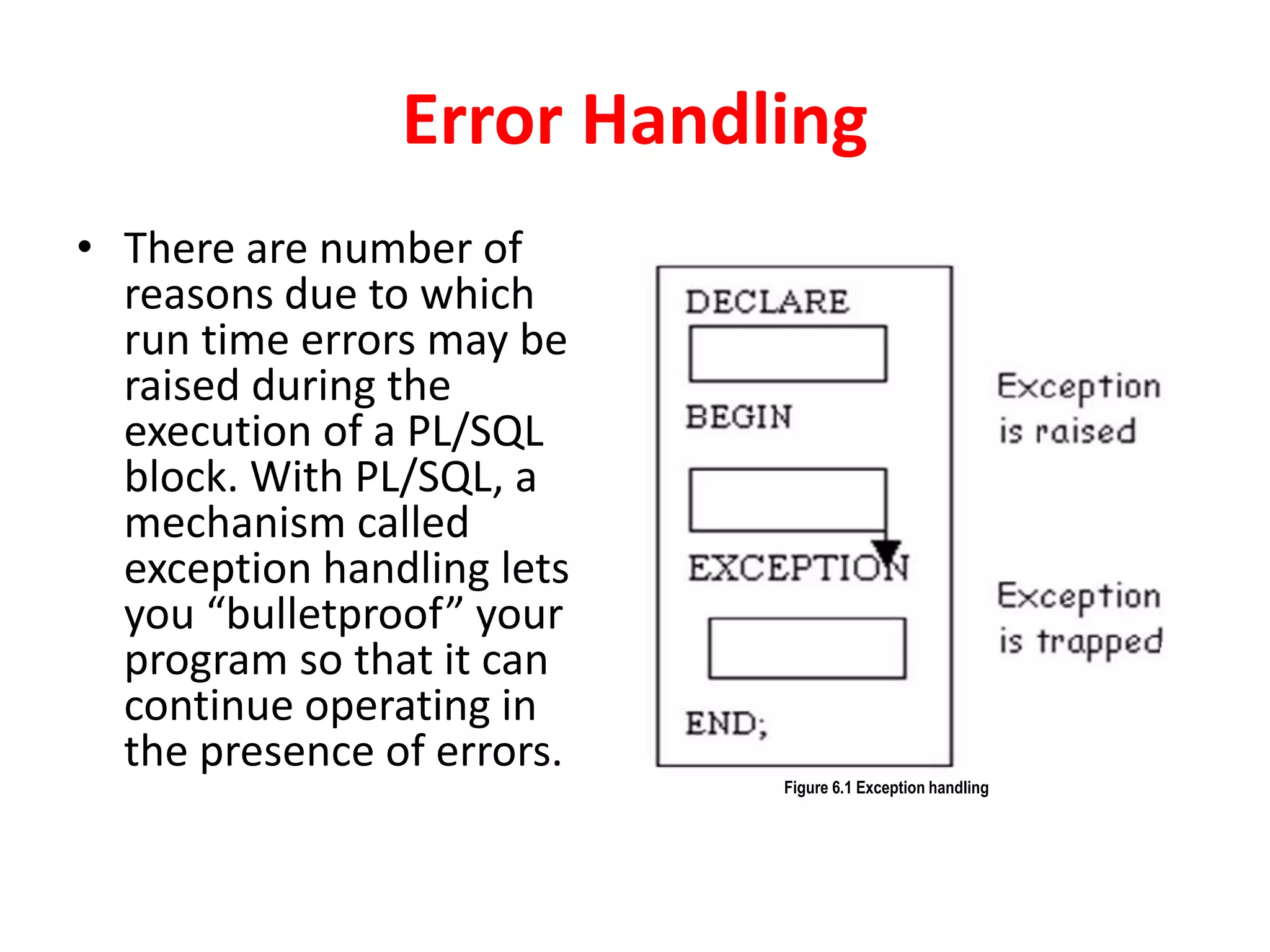 Error Handling
• There are number of
reasons due to which
run time errors may be
raised during the
execution of a PL/SQL
block. With PL/SQL, a
mechanism called
exception handling lets
you “bulletproof” your
program so that it can
continue operating in
the presence of errors.
Figure 6.1 Exception handling
 