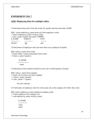 Ankit Dixit 100420825160
EXPERIMENT NO: 7
AIM: Displaying Data for multiple tables.
1) Find name,street,cities of all who works for 'quarks' and earn more than 10,000.
SQL> select employee.p_name,street,city from employee, works
2 where employee.p_name=works.p_name
3 and c_name='quarks' and salary>'100000';
P_NAME STREET CITY
------------- ------------- ---------
VICKY fgh chd
2) Find names of employees who earn more than every employee of quarks.
SQL>select p_name from works
2 where salary >(select max(salary) from works
3 where c_name='quarks');
P_NAME
------------------
aman
3) Find names of all countries located in every city in which quarks is located.
SQL>select c_name from company
2 where city in (select city from company
3 where c_name='quarks')
4 and c_name<>='quarks';
No rows selected
4) Find names of employees who live in rhe same city as the company for which they work .
SQL>select employee.p_name employee,company,works
2 where employee.city=company.city
3 and employee.p_name=works.p_name;
P_NAME
--------------
vicky
aman
14
Information Technology
 