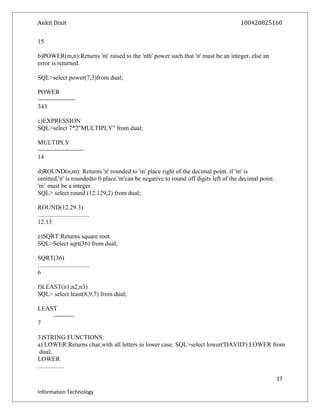 Ankit Dixit 100420825160
15
b)POWER(m,n):Returns 'm' raised to the 'nth' power such that 'n' must be an integer, else an
error is returned.
SQL>select power(7,3)from dual;
POWER
------------------
343
c)EXPRESSION
SQL>select 7*2"MULTIPLY" from dual;
MULTIPLY
----------------------
14
d)ROUND(n,m): Returns 'n' rounded to 'm' place right of the decimal point. if 'm' is
omitted,'n' is roundedto 0 place.'m'can be negative to round off digits left of the decimal point.
'm’ must be a integer.
SQL> select round (12.129,2) from dual;
ROUND(12.29.3)
.................................
12.13
e)SQRT:Returns square root.
SQL>Select sqrt(36) from dual;
SQRT(36)
.................................
6
f)LEAST(n1,n2,n3)
SQL> select least(8,9,7) from dual;
LEAST
----------
7
3)STRING FUNCTIONS:
a) LOWER:Returns char,with all letters in lower case. SQL>select lower('DAVID') LOWER from
dual;
LOWER
.................
17
Information Technology
 
