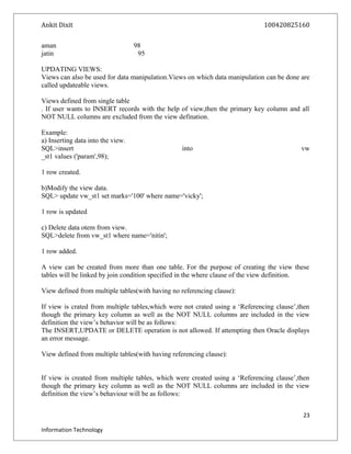 Ankit Dixit 100420825160
aman 98
jatin 95
UPDATING VIEWS:
Views can also be used for data manipulation.Views on which data manipulation can be done are
called updateable views.
Views defined from single table
. If user wants to INSERT records with the help of view,then the primary key column and all
NOT NULL columns are excluded from the view defination.
Example:
a) Inserting data into the view.
SQL>insert into vw
_st1 values ('param',98);
1 row created.
b)Modify the view data.
SQL> update vw_st1 set marks='100' where name='vicky';
1 row is updated
c) Delete data otem from view.
SQL>delete from vw_st1 where name='nitin';
1 row added.
A view can be created from more than one table. For the purpose of creating the view these
tables will be linked by join condition specified in the where clause of the view definition.
View defined from multiple tables(with having no referencing clause):
If view is crated from multiple tables,which were not crated using a ‘Referencing clause’,then
though the primary key column as well as the NOT NULL columns are included in the view
definition the view’s behavior will be as follows:
The INSERT,UPDATE or DELETE operation is not allowed. If attempting then Oracle displays
an error message.
View defined from multiple tables(with having referencing clause):
If view is created from multiple tables, which were created using a ‘Referencing clause’,then
though the primary key column as well as the NOT NULL columns are included in the view
definition the view’s behaviour will be as follows:
23
Information Technology
 