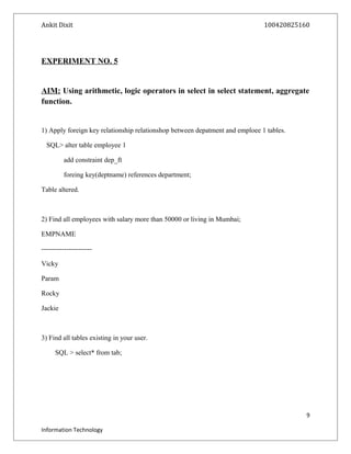 Ankit Dixit 100420825160
EXPERIMENT NO. 5
AIM: Using arithmetic, logic operators in select in select statement, aggregate
function.
1) Apply foreign key relationship relationshop between depatment and emploee 1 tables.
SQL> alter table employee 1
add constraint dep_ft
foreing key(deptname) references department;
Table altered.
2) Find all employees with salary more than 50000 or living in Mumbai;
EMPNAME
----------------------
Vicky
Param
Rocky
Jackie
3) Find all tables existing in your user.
SQL > select* from tab;
9
Information Technology
 