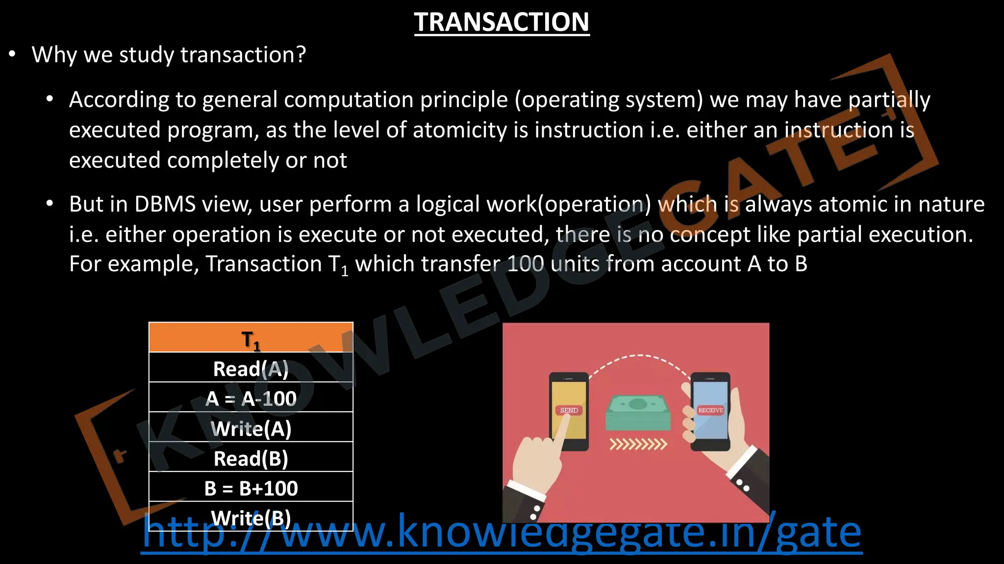 http://www.knowledgegate.in/gate
TRANSACTION
• Why we study transaction?
• According to general computation principle (operating system) we may have partially
executed program, as the level of atomicity is instruction i.e. either an instruction is
executed completely or not
• But in DBMS view, user perform a logical work(operation) which is always atomic in nature
i.e. either operation is execute or not executed, there is no concept like partial execution.
For example, Transaction T1 which transfer 100 units from account A to B
T1
Read(A)
A = A-100
Write(A)
Read(B)
B = B+100
Write(B)
 