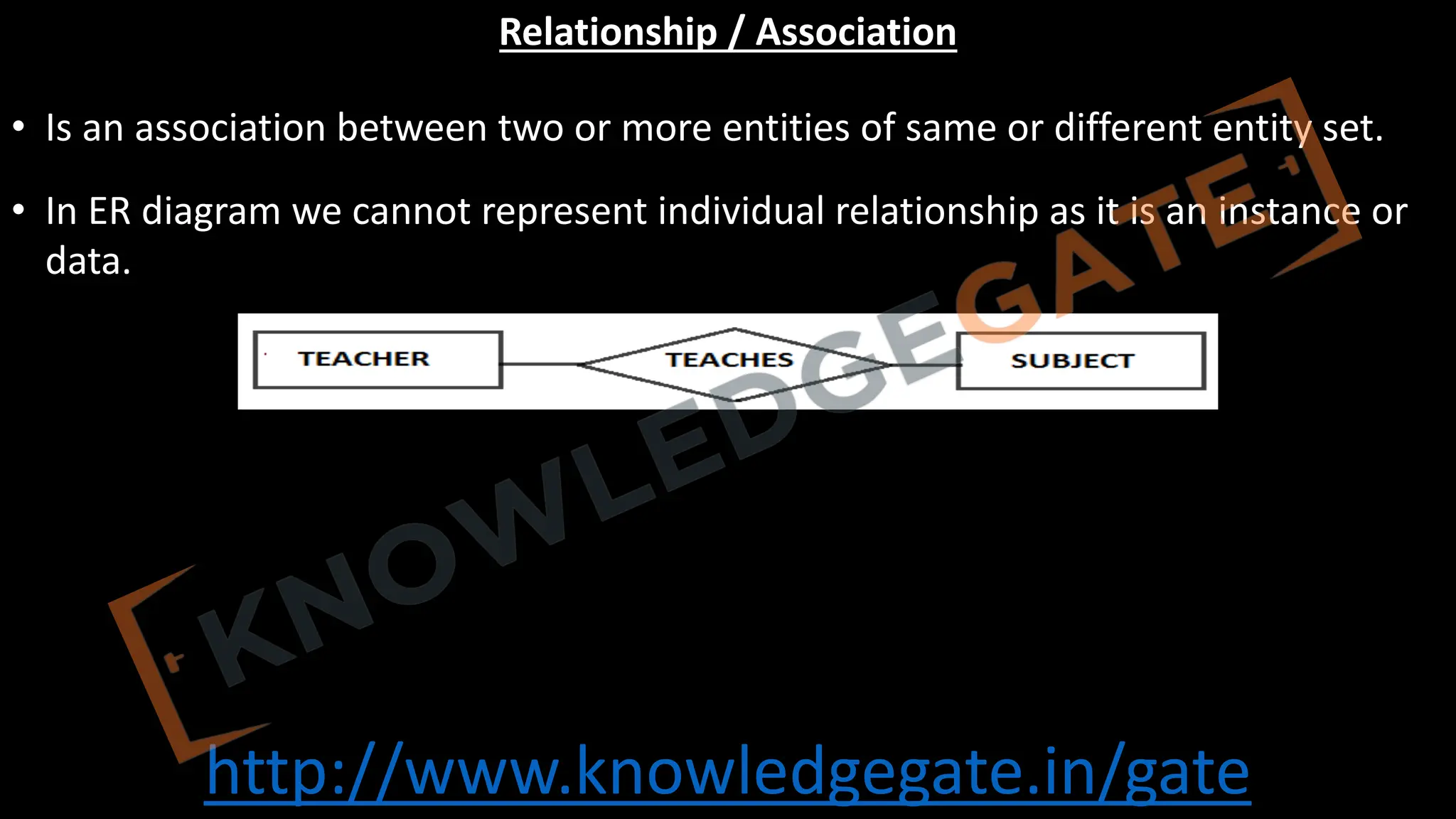 http://www.knowledgegate.in/gate
Relationship / Association
• Is an association between two or more entities of same or different entity set.
• In ER diagram we cannot represent individual relationship as it is an instance or
data.
 