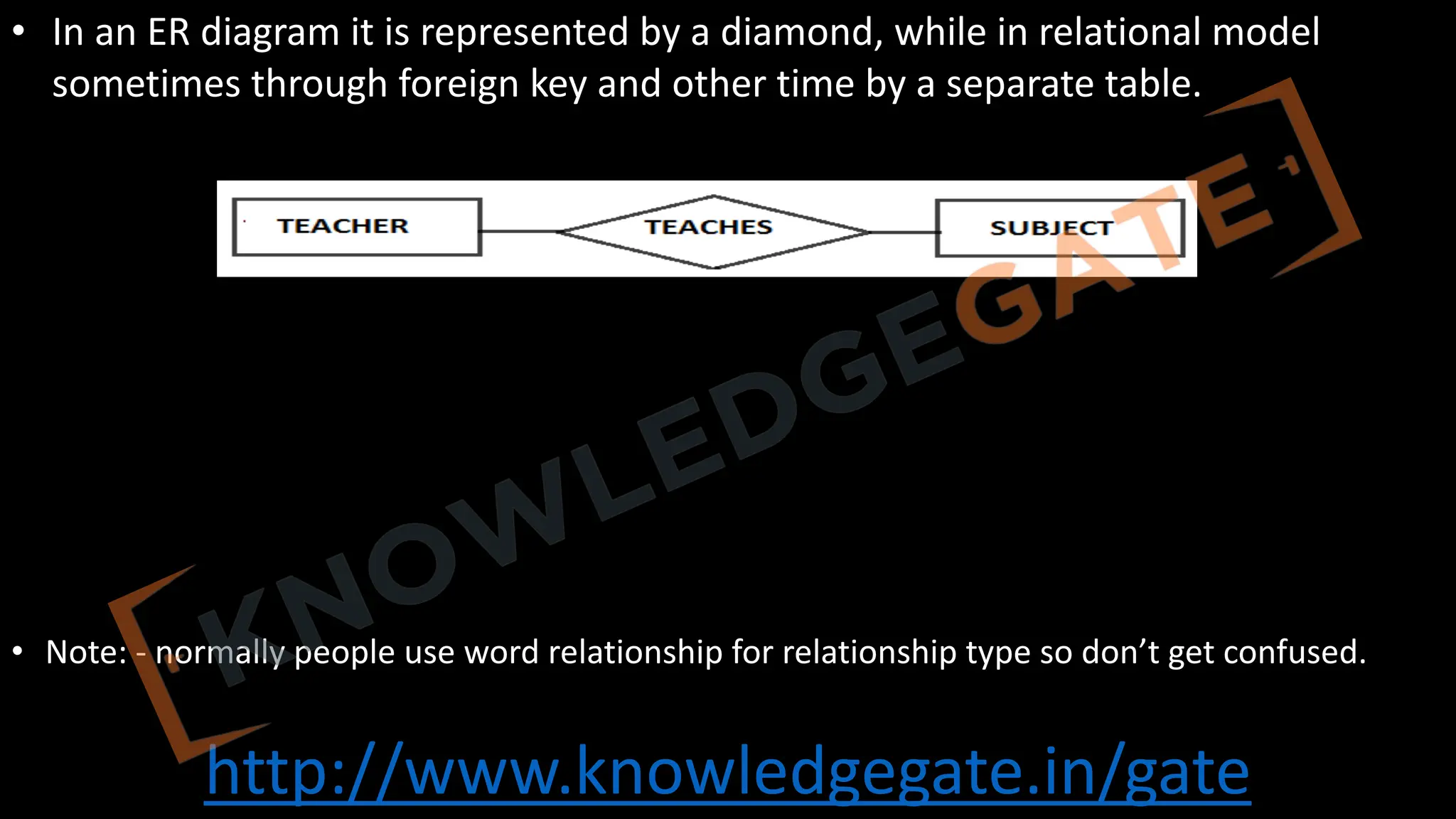 http://www.knowledgegate.in/gate
• In an ER diagram it is represented by a diamond, while in relational model
sometimes through foreign key and other time by a separate table.
• Note: - normally people use word relationship for relationship type so don’t get confused.
 
