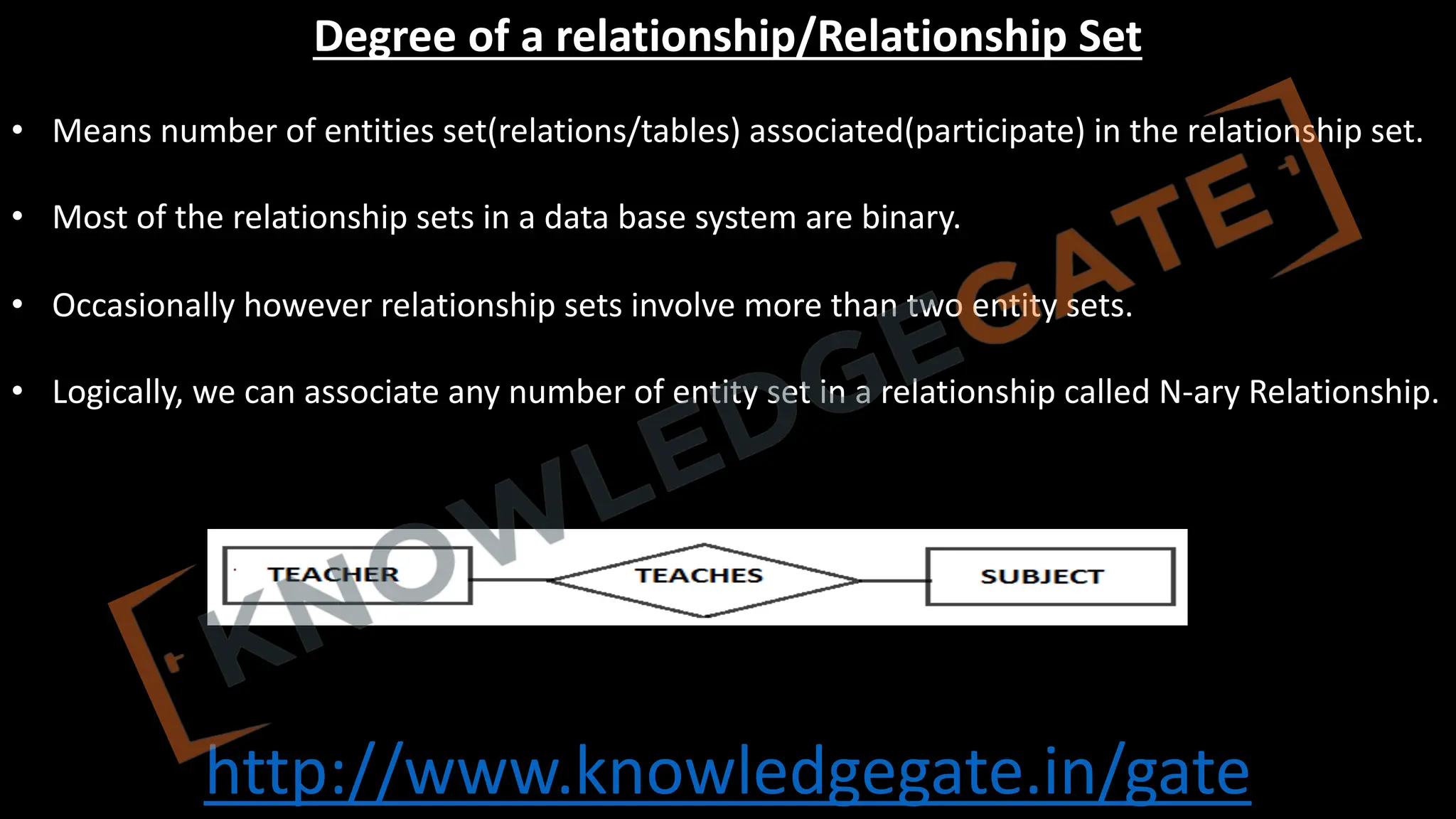 http://www.knowledgegate.in/gate
Degree of a relationship/Relationship Set
• Means number of entities set(relations/tables) associated(participate) in the relationship set.
• Most of the relationship sets in a data base system are binary.
• Occasionally however relationship sets involve more than two entity sets.
• Logically, we can associate any number of entity set in a relationship called N-ary Relationship.
 