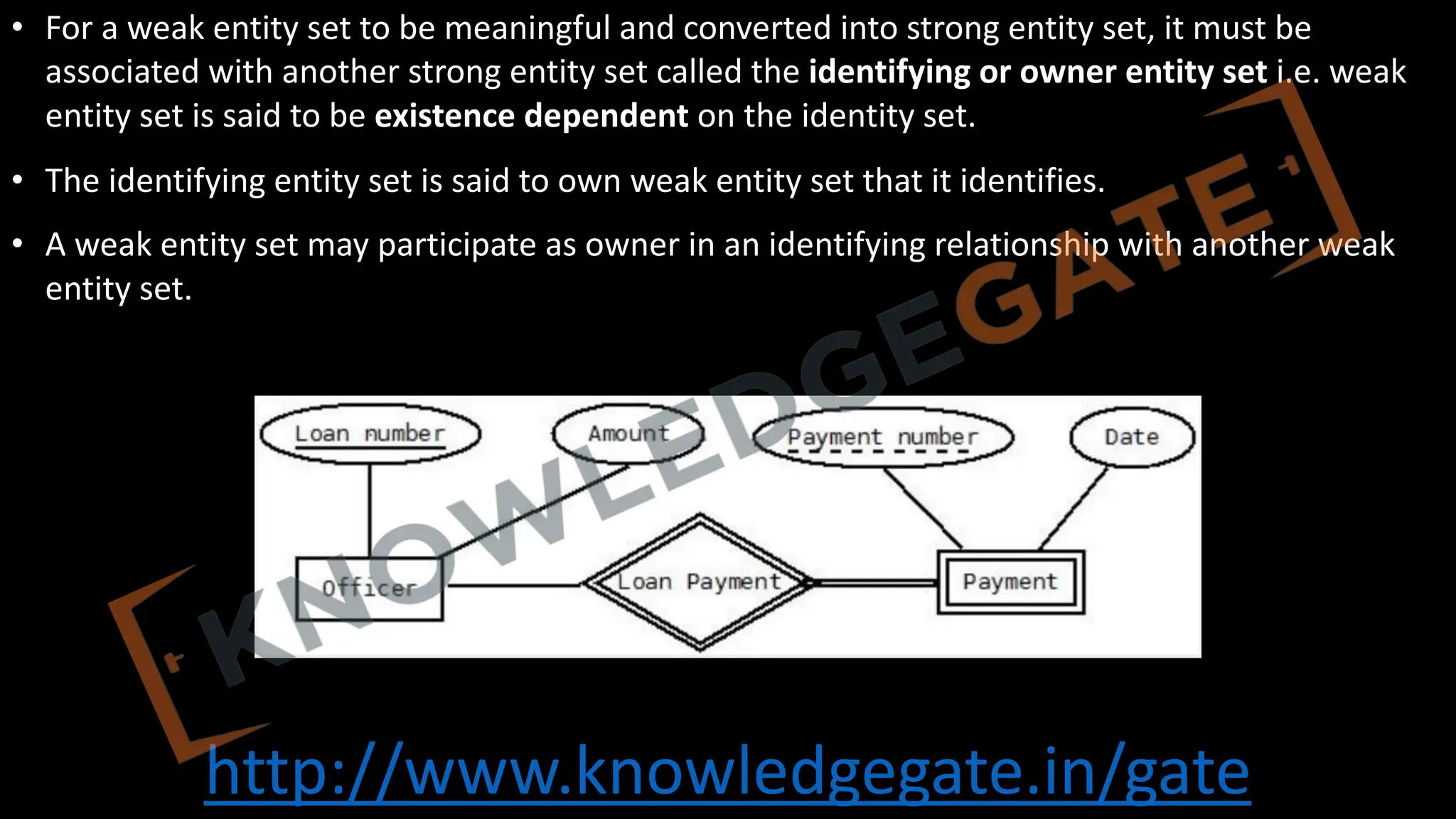 http://www.knowledgegate.in/gate
• For a weak entity set to be meaningful and converted into strong entity set, it must be
associated with another strong entity set called the identifying or owner entity set i.e. weak
entity set is said to be existence dependent on the identity set.
• The identifying entity set is said to own weak entity set that it identifies.
• A weak entity set may participate as owner in an identifying relationship with another weak
entity set.
 