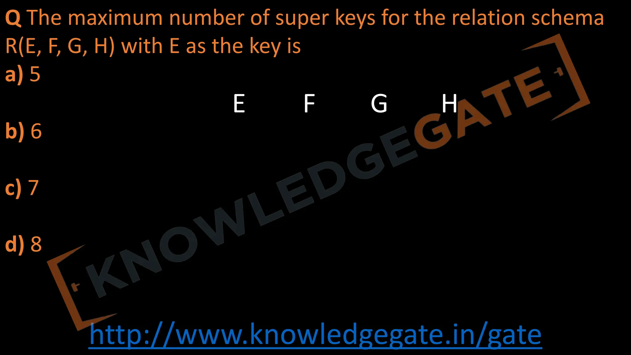 http://www.knowledgegate.in/gate
Q The maximum number of super keys for the relation schema
R(E, F, G, H) with E as the key is
a) 5
b) 6
c) 7
d) 8
E F G H
 