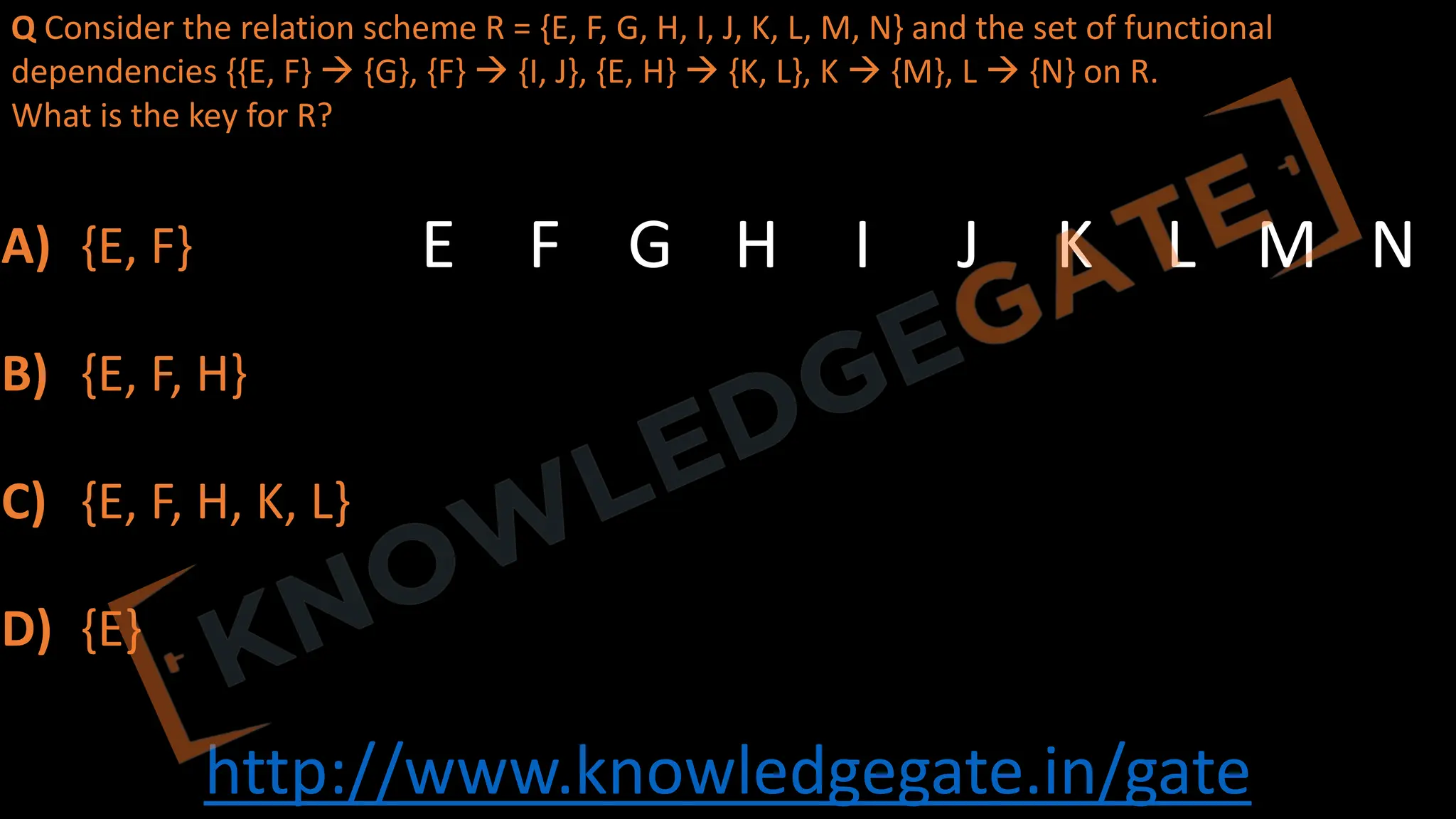 http://www.knowledgegate.in/gate
Q Consider the relation scheme R = {E, F, G, H, I, J, K, L, M, N} and the set of functional
dependencies {{E, F} à {G}, {F} à {I, J}, {E, H} à {K, L}, K à {M}, L à {N} on R.
What is the key for R?
A) {E, F}
B) {E, F, H}
C) {E, F, H, K, L}
D) {E}
E F G H I J K L M N
 