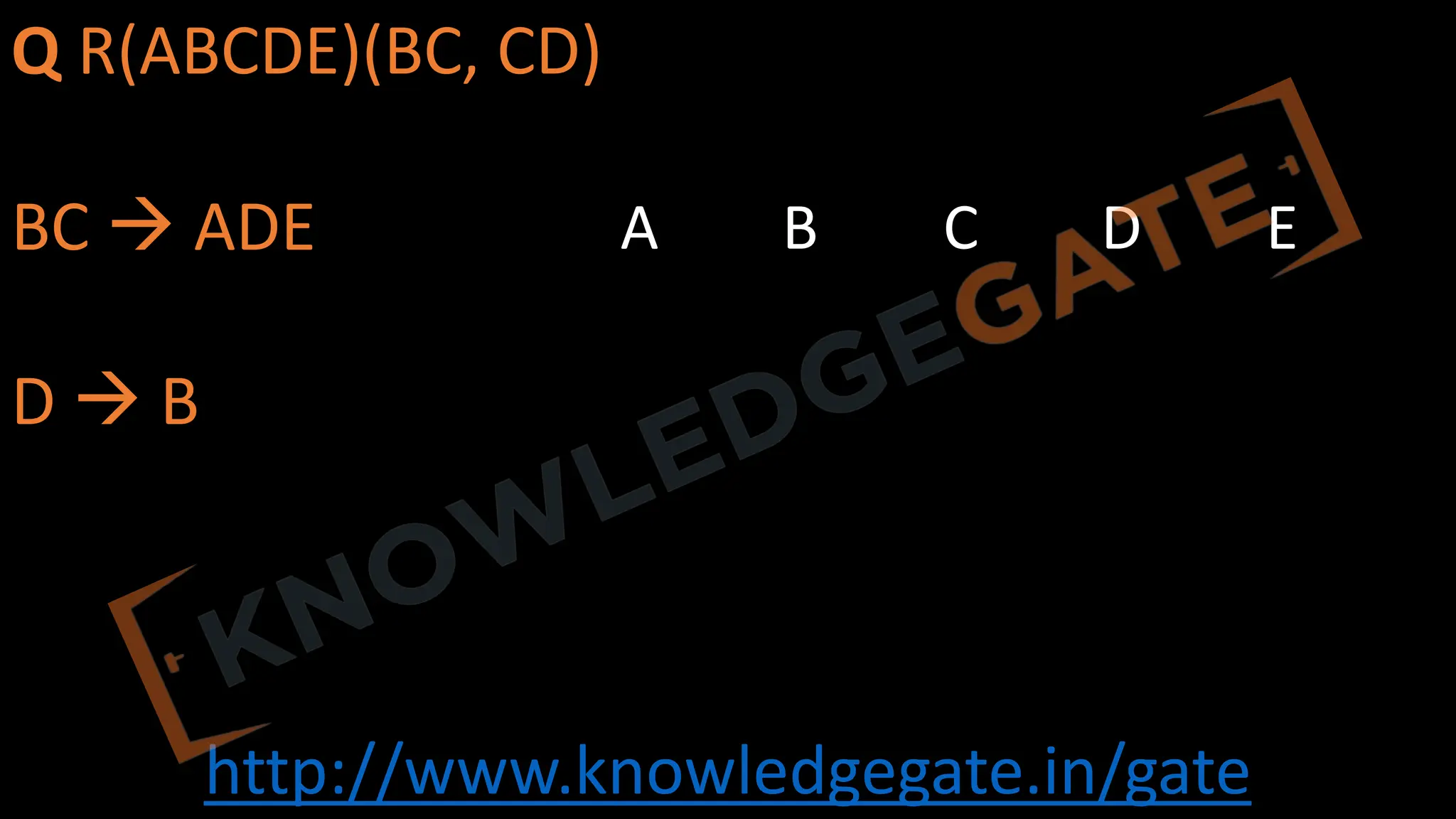 http://www.knowledgegate.in/gate
Q R(ABCDE)(BC, CD)
BC à ADE
D à B
A B C D E
 