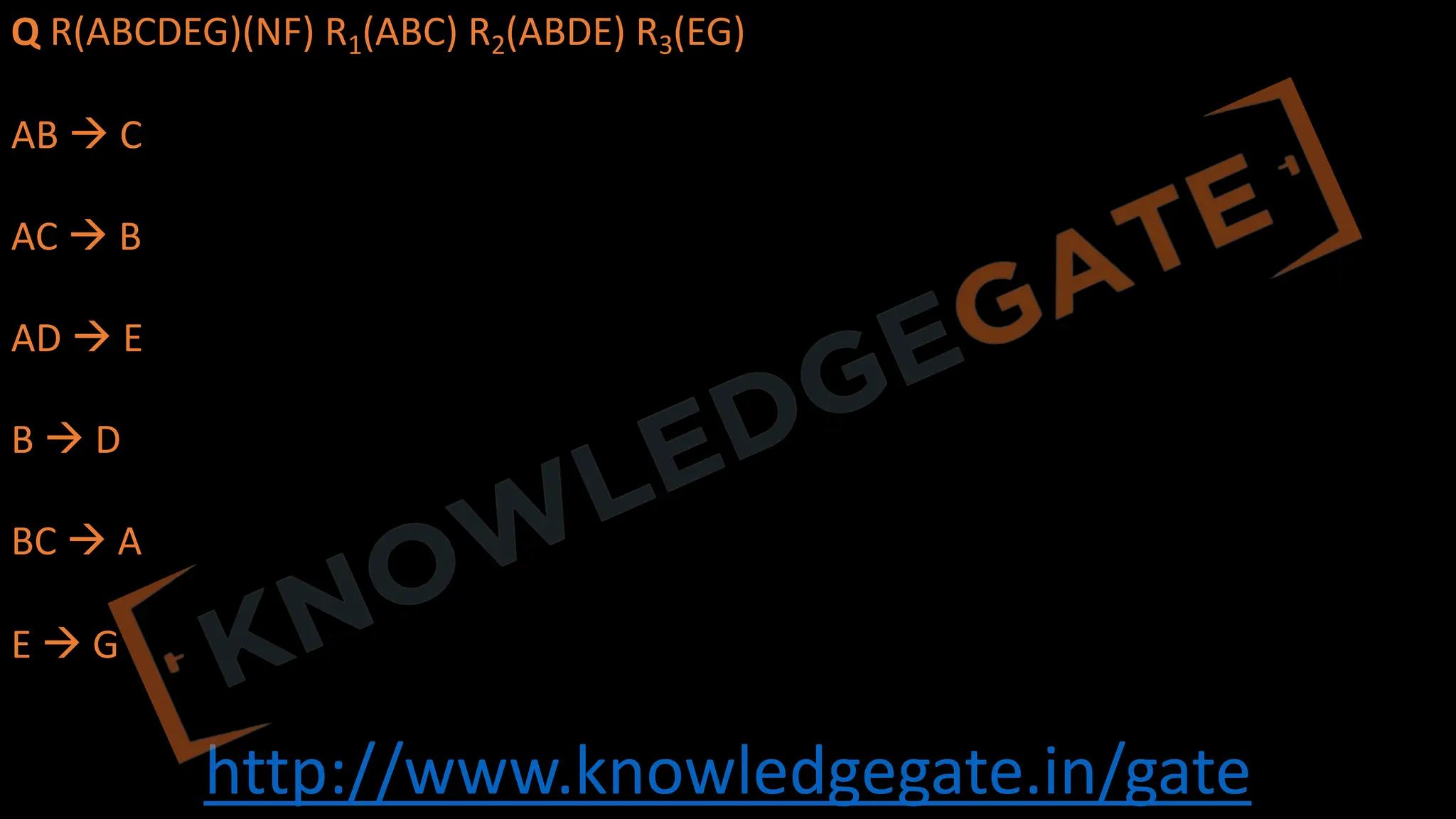 http://www.knowledgegate.in/gate
Q R(ABCDEG)(NF) R1(ABC) R2(ABDE) R3(EG)
AB à C
AC à B
AD à E
B à D
BC à A
E à G
 