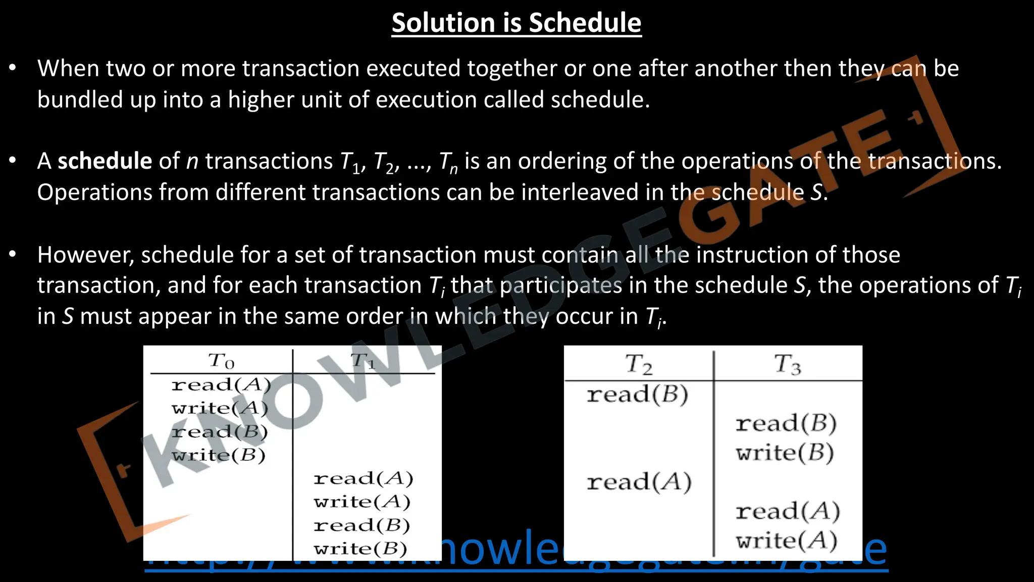 http://www.knowledgegate.in/gate
Solution is Schedule
• When two or more transaction executed together or one after another then they can be
bundled up into a higher unit of execution called schedule.
• A schedule of n transactions T1, T2, ..., Tn is an ordering of the operations of the transactions.
Operations from different transactions can be interleaved in the schedule S.
• However, schedule for a set of transaction must contain all the instruction of those
transaction, and for each transaction Ti that participates in the schedule S, the operations of Ti
in S must appear in the same order in which they occur in Ti.
 