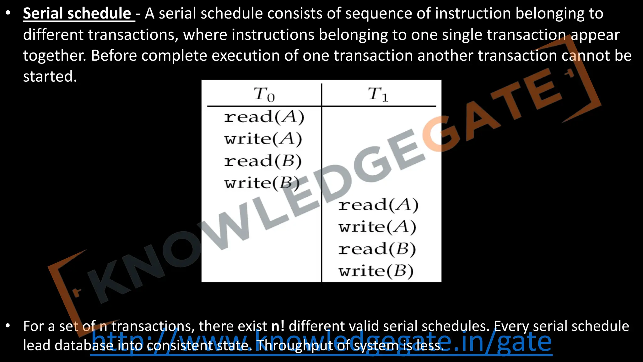 http://www.knowledgegate.in/gate
• Serial schedule - A serial schedule consists of sequence of instruction belonging to
different transactions, where instructions belonging to one single transaction appear
together. Before complete execution of one transaction another transaction cannot be
started.
• For a set of n transactions, there exist n! different valid serial schedules. Every serial schedule
lead database into consistent state. Throughput of system is less.
 