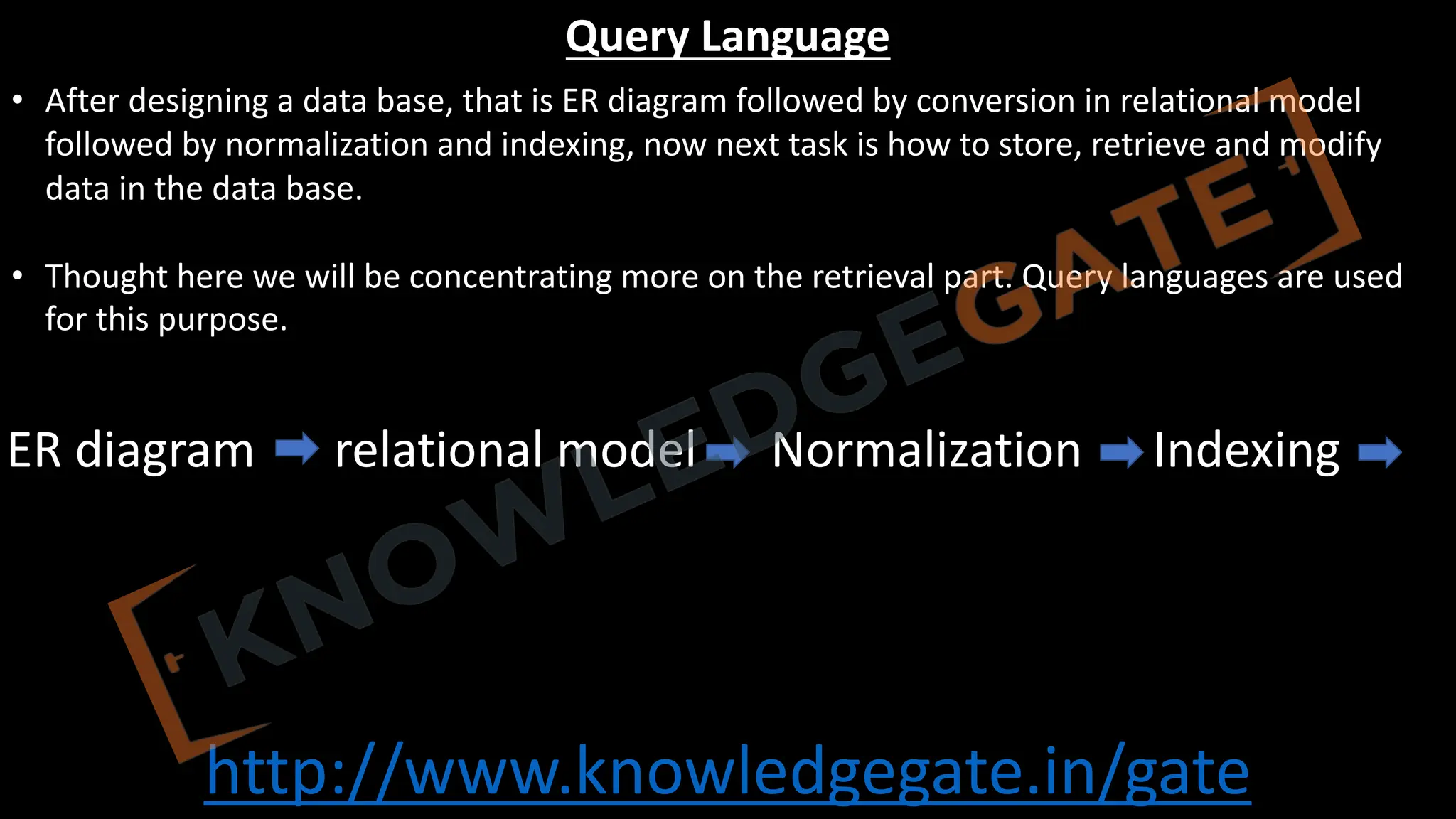 http://www.knowledgegate.in/gate
Query Language
• After designing a data base, that is ER diagram followed by conversion in relational model
followed by normalization and indexing, now next task is how to store, retrieve and modify
data in the data base.
• Thought here we will be concentrating more on the retrieval part. Query languages are used
for this purpose.
ER diagram relational model Normalization Indexing
 