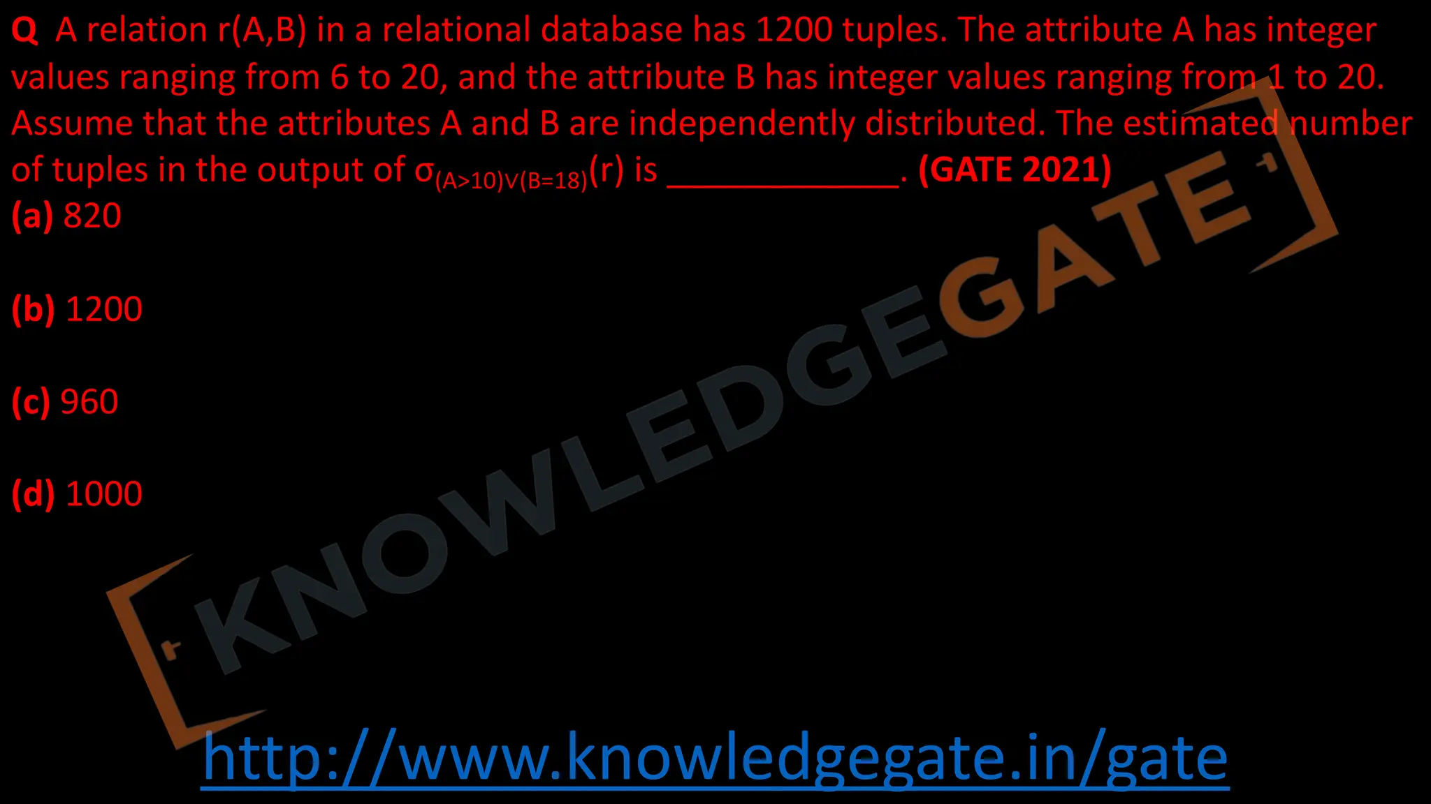 http://www.knowledgegate.in/gate
Q A relation r(A,B) in a relational database has 1200 tuples. The attribute A has integer
values ranging from 6 to 20, and the attribute B has integer values ranging from 1 to 20.
Assume that the attributes A and B are independently distributed. The estimated number
of tuples in the output of σ(A>10)∨(B=18)(r) is ____________. (GATE 2021)
(a) 820
(b) 1200
(c) 960
(d) 1000
 