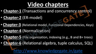 http://www.knowledgegate.in/gate
Video chapters
• Chapter-1 (Transactions and concurrency control)
• Chapter-2 (ER-model)
• Chapter-3 (Relational model, Functional Dependencies, Keys)
• Chapter-4 (Normalization)
• Chapter-5 (File organization, indexing (e.g., B and B+ trees)
• Chapter-6 (Relational algebra, tuple calculus, SQL)
 